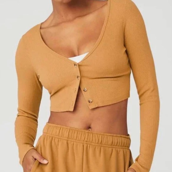Alo Ribbed Cropped Whisper Long Sleeve Cardigan in Toffee - Picture 3 of 7